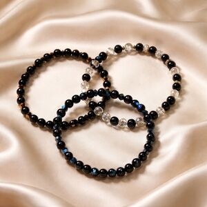 Elegant Blue Goldstone And Crystal Beaded Stretch Bracelet - Set of 3 Size 7.5"